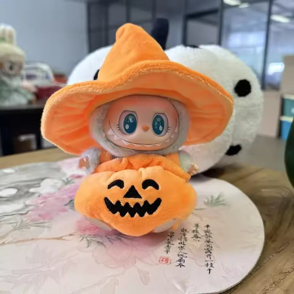 Handmade Halloween Pumpkin Clothes For Labubu Doll Pumpkin Dresses overalls with hat For 15/17cm labubu clothing Accessories