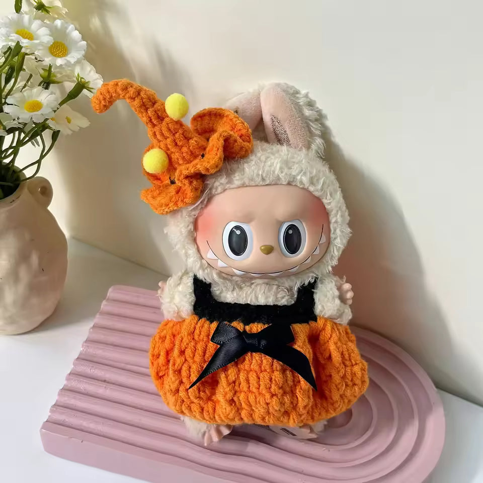 Handmade Halloween Pumpkin Clothes For Labubu Doll Pumpkin Dresses overalls with hat For 15/17cm labubu clothing Accessories