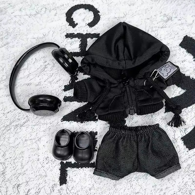 15/17cm Labubu Doll Clothes 1st/2nd/3rd Gen Fit Mr. Black Bear Hoodie Set with Headphone Plush Toy Outfits Halloween Decor