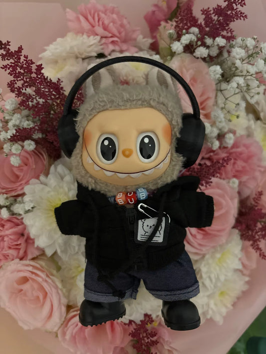 15/17cm Labubu Doll Clothes 1st/2nd/3rd Gen Fit Mr. Black Bear Hoodie Set with Headphone Plush Toy Outfits Halloween Decor