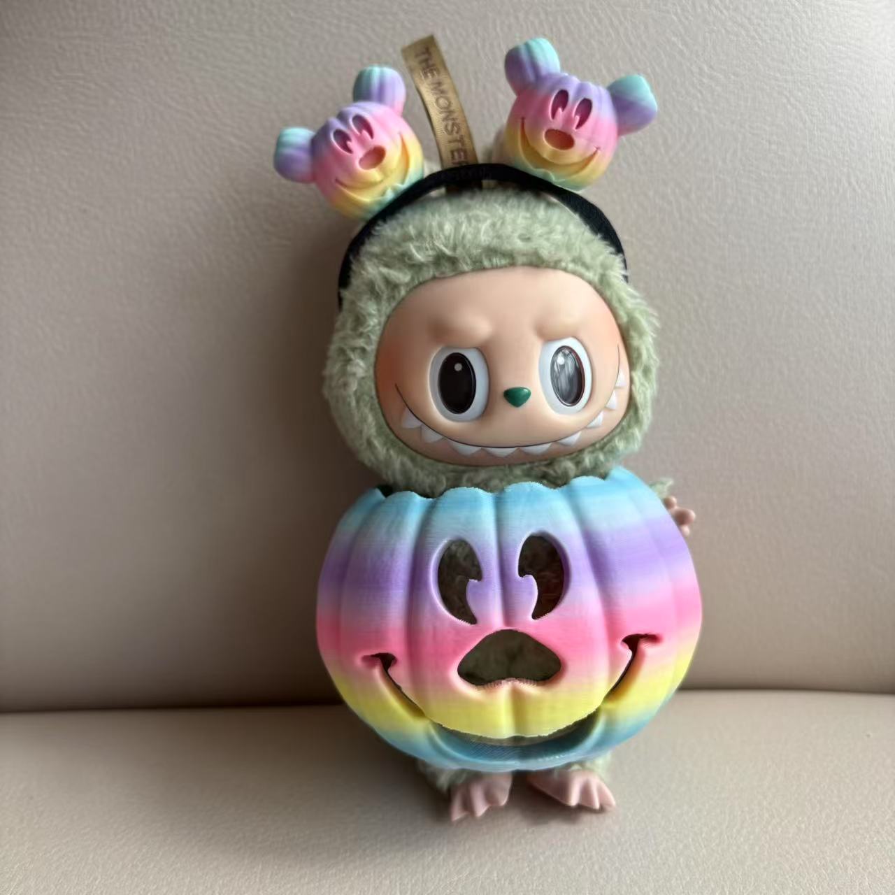 15cm Labubu Halloween Pumpkin Outfit with Gradient Color Clothes & Hand Carved Headband, Cosplay Costume for Labubu Doll