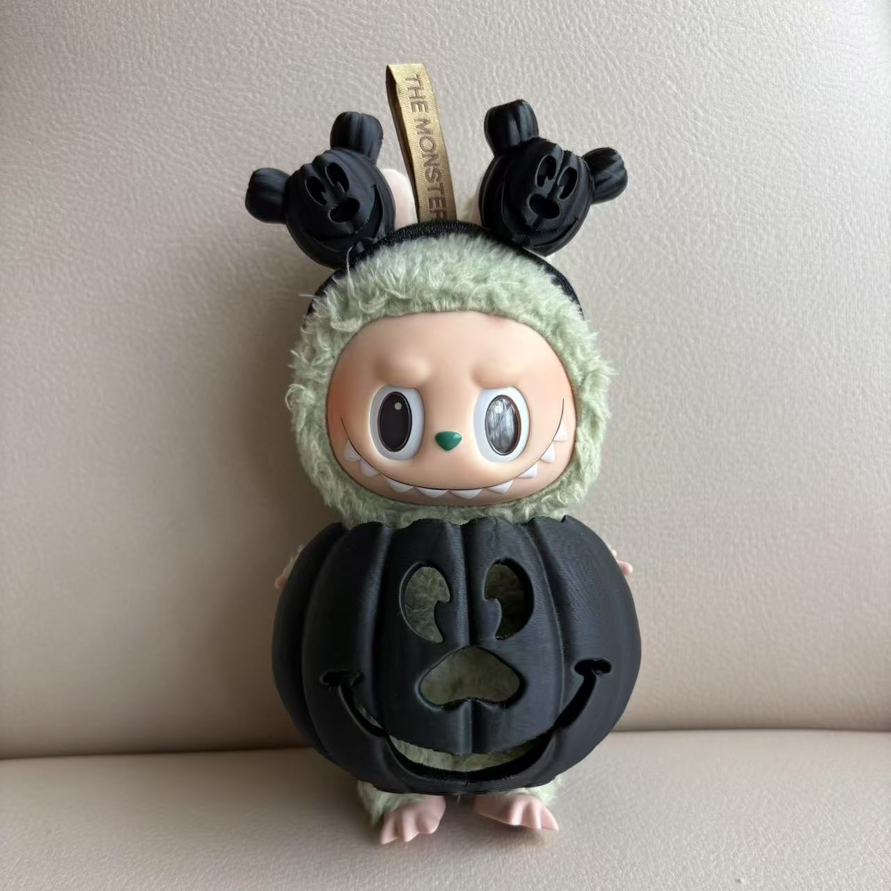 15cm Labubu Halloween Pumpkin Outfit with Gradient Color Clothes & Hand Carved Headband, Cosplay Costume for Labubu Doll