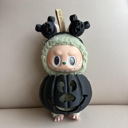 15cm Labubu Halloween Pumpkin Outfit with Gradient Color Clothes & Hand Carved Headband, Cosplay Costume for Labubu Doll