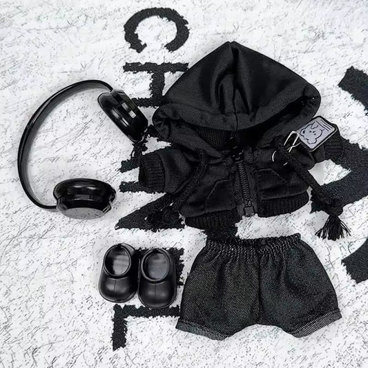 15/17cm Labubu Doll Clothes 1st/2nd/3rd Gen Fit Mr. Black Bear Hoodie Set with Headphone Plush Toy Outfits Halloween Decor