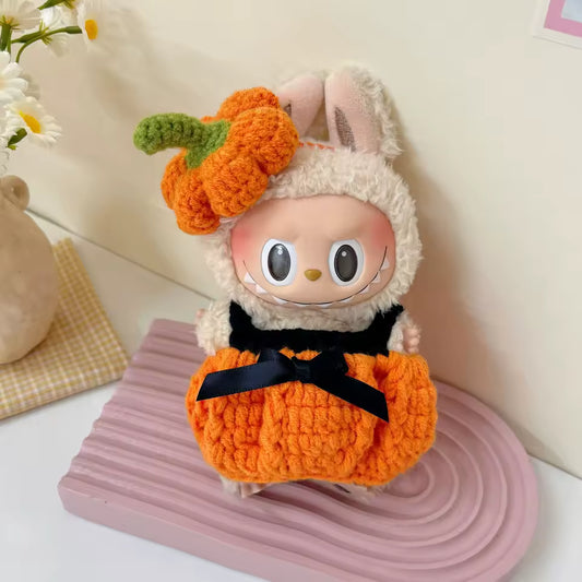 Handmade Halloween Pumpkin Clothes For Labubu Doll Pumpkin Dresses overalls with hat For 15/17cm labubu clothing Accessories