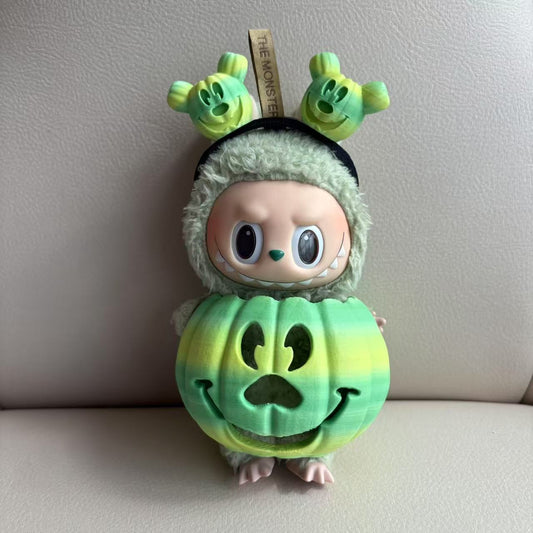 15cm Labubu Halloween Pumpkin Outfit with Gradient Color Clothes & Hand Carved Headband, Cosplay Costume for Labubu Doll